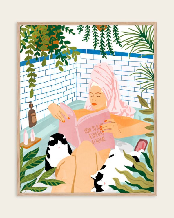 Shop Spa bath tub with pet cats small batch Art Print, Canvas Print, Commercial digital license & Instant download printable- exclusively available at 83oranges.com by artist Uma Gokhale India