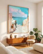 Shop Scenic Greece Santorini beachy summer travel ocean pastel Art Print, Canvas Print, commercial digital license & instant digital download printable - exclusively available at 83oranges.com by artist Uma Gokhale India