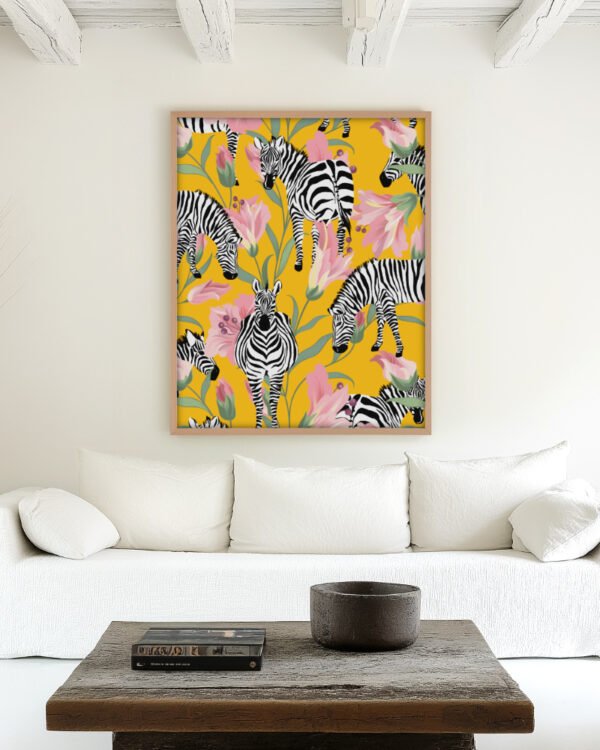 Shop Zebra Stripes Yellow Botanical Jungle Painting Art Print, Canvas Print, Commercial digital license & Instant download printable - available at 83oranges.com by artist Uma Gokhale India