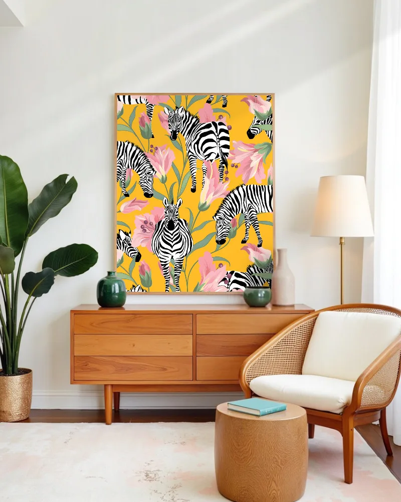 Shop Zebra Stripes Yellow Botanical Jungle Painting Art Print, Canvas Print - available at 83oranges.com by artist Uma Gokhale India