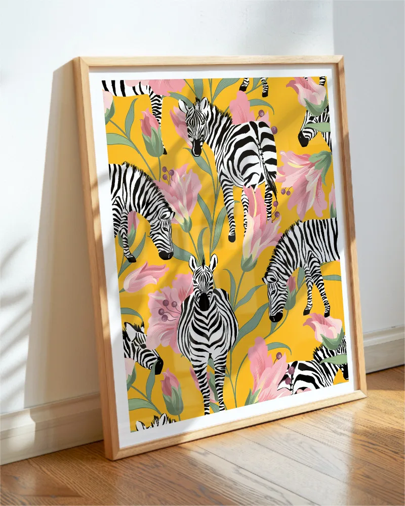 Shop Zebra Stripes Yellow Botanical Jungle Painting Art Print, Canvas Print - available at 83oranges.com by artist Uma Gokhale India