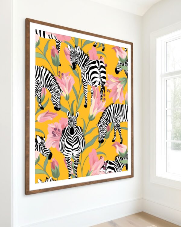 Shop Zebra Stripes Yellow Botanical Jungle Painting Art Print, Canvas Print, Commercial digital license & Instant download printable - available at 83oranges.com by artist Uma Gokhale India