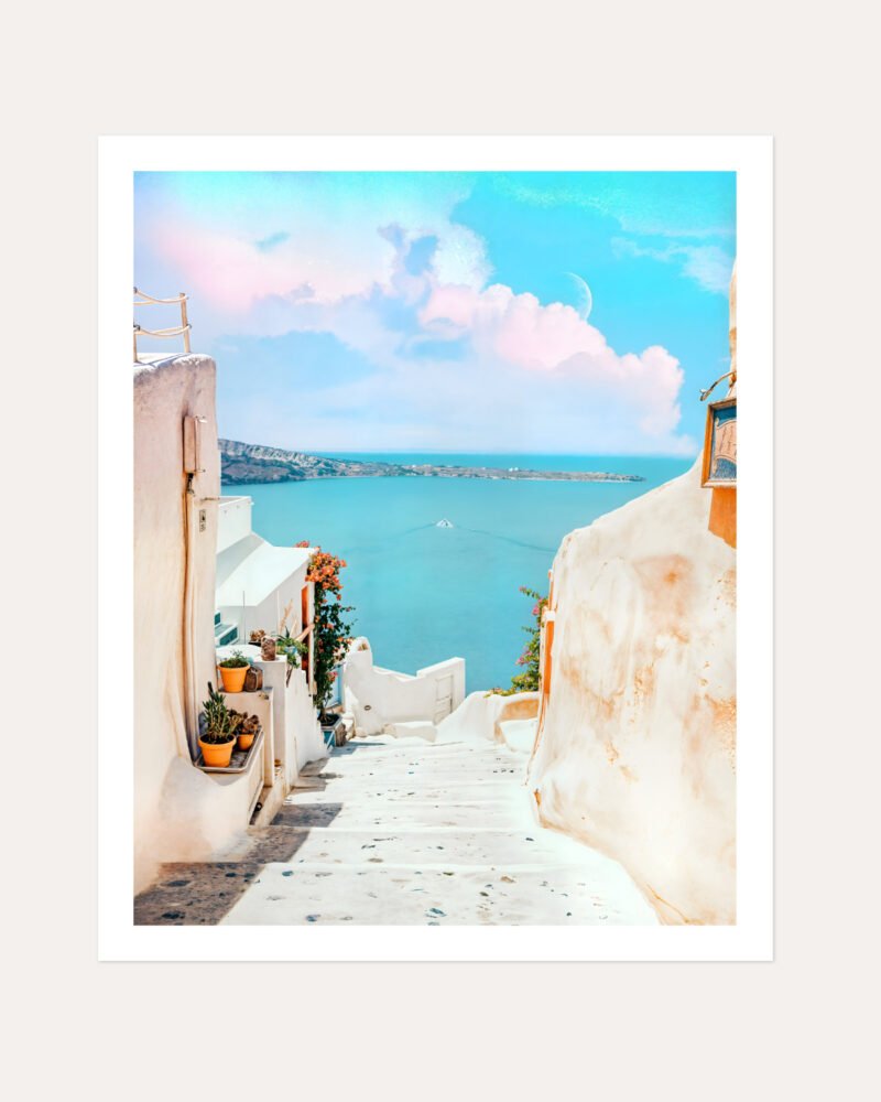 Shop Scenic Greece Santorini beachy summer travel ocean pastel Art Print, Canvas Print, commercial digital license & instant digital download printable - exclusively available at 83oranges.com by artist Uma Gokhale India