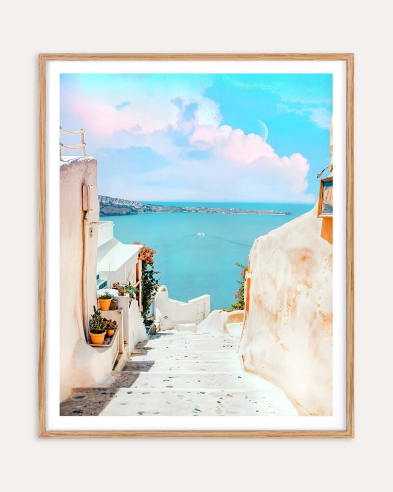 Shop Scenic Greece Santorini beachy summer travel ocean pastel Art Print, Canvas Print, commercial digital license & instant digital download printable - exclusively available at 83oranges.com by artist Uma Gokhale India