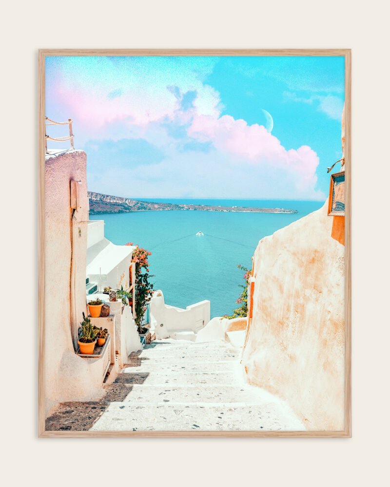 Shop Scenic Greece Santorini beachy summer travel ocean pastel Art Print, Canvas Print, commercial digital license & instant digital download printable - exclusively available at 83oranges.com by artist Uma Gokhale India