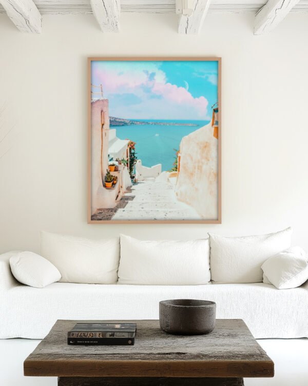 Shop Scenic Greece Santorini beachy summer travel ocean pastel Art Print, Canvas Print, commercial digital license & instant digital download printable - exclusively available at 83oranges.com by artist Uma Gokhale India