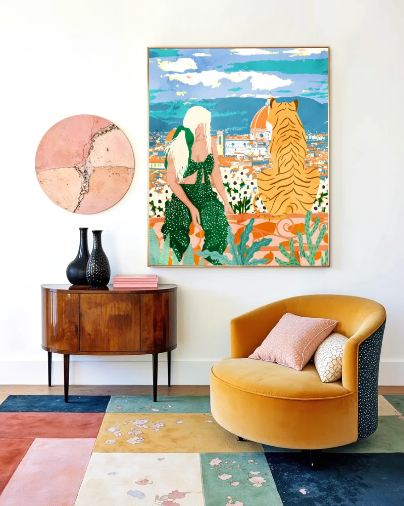 Shop Modern Boho Woman Travels With Tiger Art Print, Canvas Print & Fabric Print - exclusively available at 83oranges.com by artist Uma Gokhale India