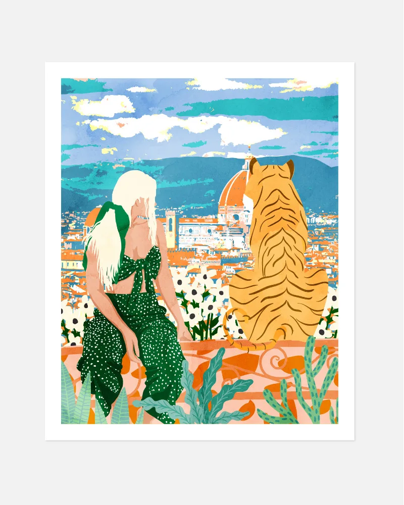 Shop Modern Boho Woman Travels With Tiger Art Print, Canvas Print & Fabric Print - exclusively available at 83oranges.com by artist Uma Gokhale India