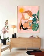 Shop tropical yoga woman cat pet Jungle Painting Art Print, Canvas Print - available at 83oranges.com by artist Uma Gokhale India