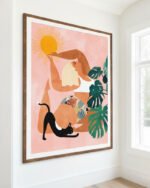 Shop tropical yoga woman cat pet Jungle Painting Art Print, Canvas Print, Commercial digital license & Instant download printble - available at 83oranges.com by artist Uma Gokhale India
