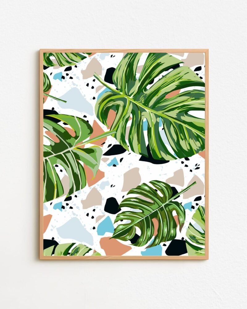 Shop Modern Boho Tropical Terrazzo Monstera Plants Botanical Art Print, Canvas Print & Fabric Print - exclusively available at 83oranges.com by artist Uma Gokhale India