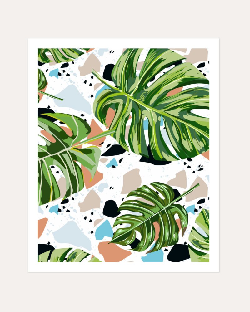 Shop Modern Boho Tropical Terrazzo Monstera Plants Botanical Art Print, Canvas Print, Commercial digital license & Instant download printable- exclusively available at 83oranges.com by artist Uma Gokhale India