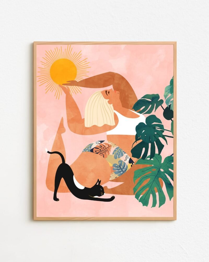 Shop tropical yoga woman cat pet Jungle Painting Art Print, Canvas Print - available at 83oranges.com by artist Uma Gokhale India