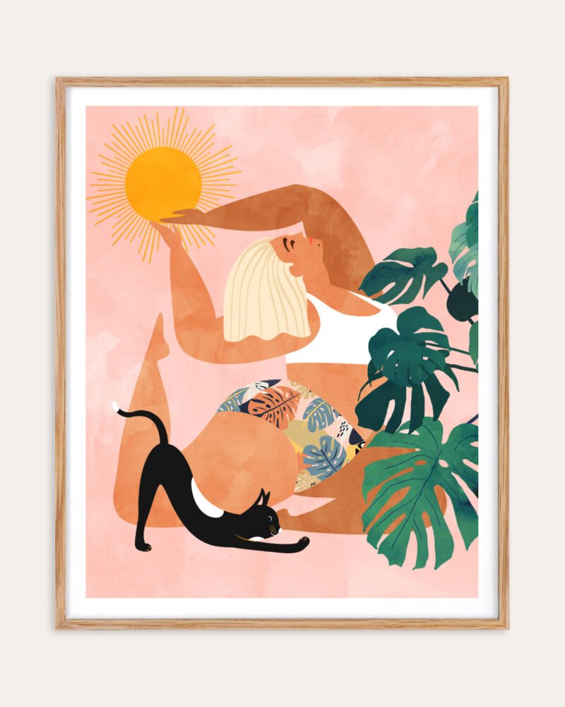 Shop tropical yoga woman cat pet Jungle Painting Art Print, Canvas Print, Commercial digital license & Instant download printble - available at 83oranges.com by artist Uma Gokhale India