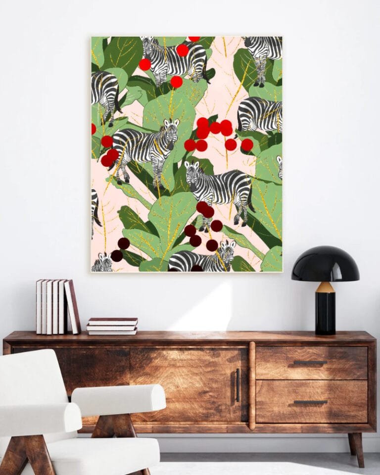 Shop Zebra Harem Botanical Nature Jungle Painting Art Print, Canvas Print - available at 83oranges.com by artist Uma Gokhale India