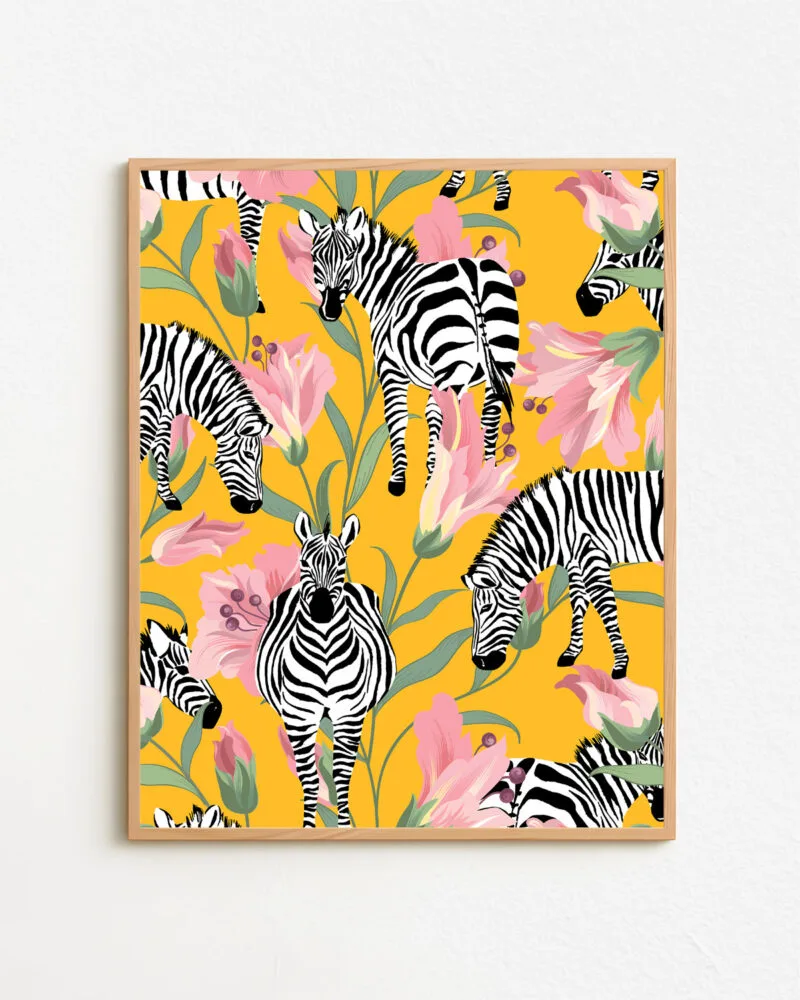 Shop Zebra Stripes Yellow Botanical Jungle Painting Art Print, Canvas Print - available at 83oranges.com by artist Uma Gokhale India