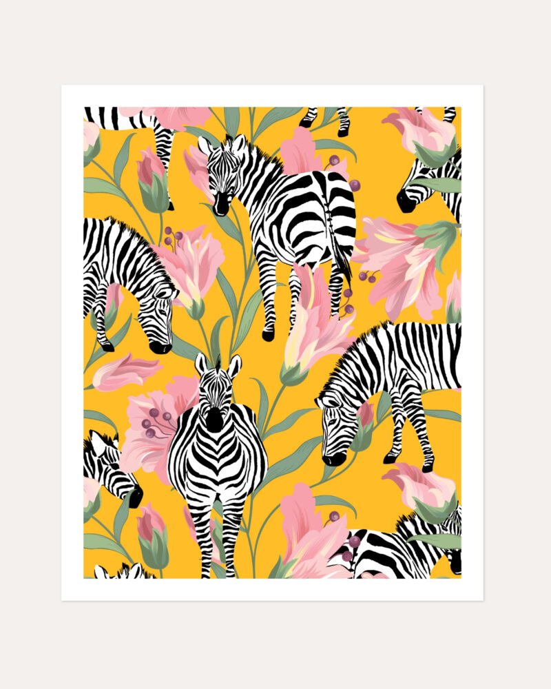 Shop Zebra Stripes Yellow Botanical Jungle Painting Art Print, Canvas Print, Commercial digital license & Instant download printable - available at 83oranges.com by artist Uma Gokhale India