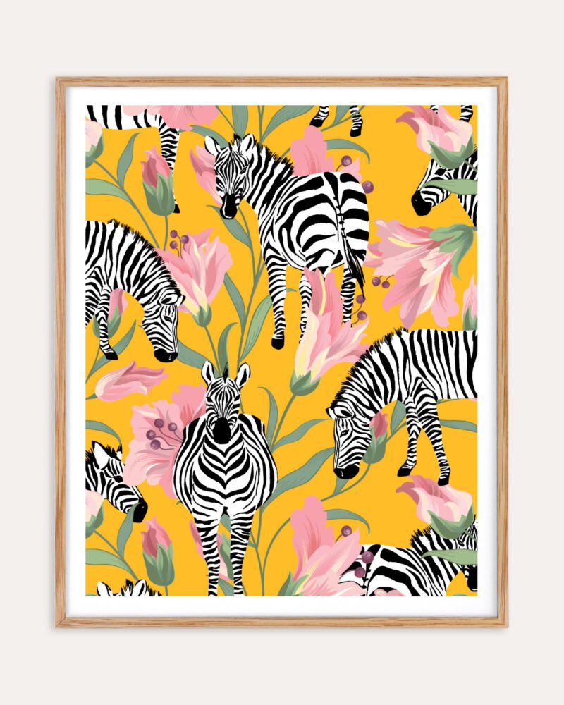Shop Zebra Stripes Yellow Botanical Jungle Painting Art Print, Canvas Print, Commercial digital license & Instant download printable - available at 83oranges.com by artist Uma Gokhale India