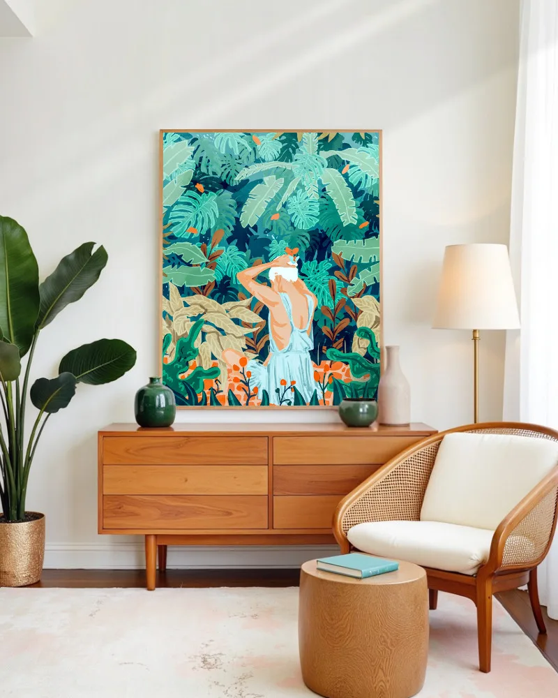 Shop Backyard garden jungle woman watercolor painting Art Print & Canvas Print - exclusively certified at 83oranges.com by artist Uma Gokhale India