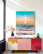 Shop beach moon pastel scenic travel Art Print, Canvas Print - available at 83oranges.com by artist Uma Gokhale India