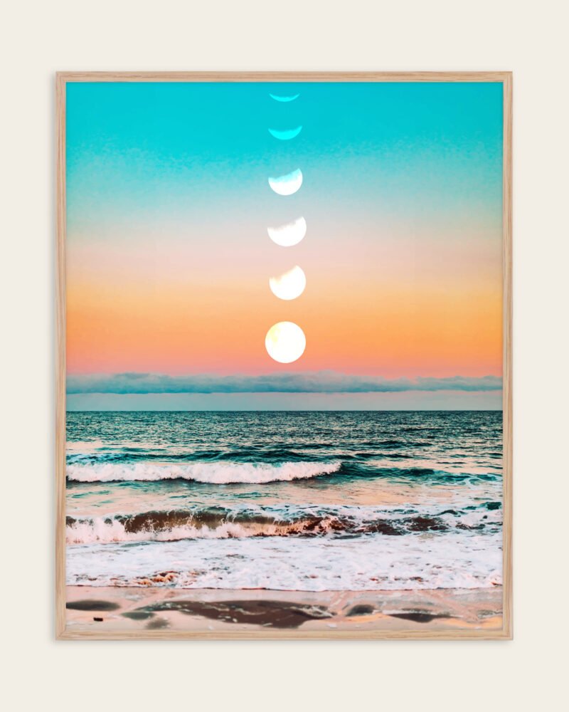 Shop beach moon pastel scenic travel Art Print, Canvas Print, Commercial digital license & Instant download printable - available at 83oranges.com by artist Uma Gokhale India