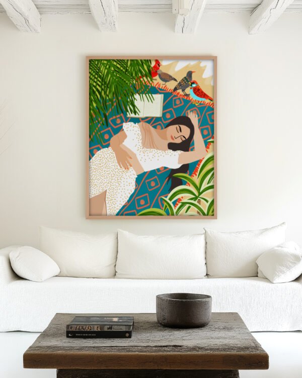 Shop Bohemian woman on the beach read birds Art Print & Canvas Print, Commercial digital license & Instant download printable - exclusively certified at 83oranges.com by artist Uma Gokhale India