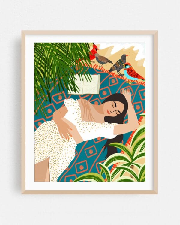 Shop Bohemian woman on the beach read birds Art Print & Canvas Print - exclusively certified at 83oranges.com by artist Uma Gokhale India