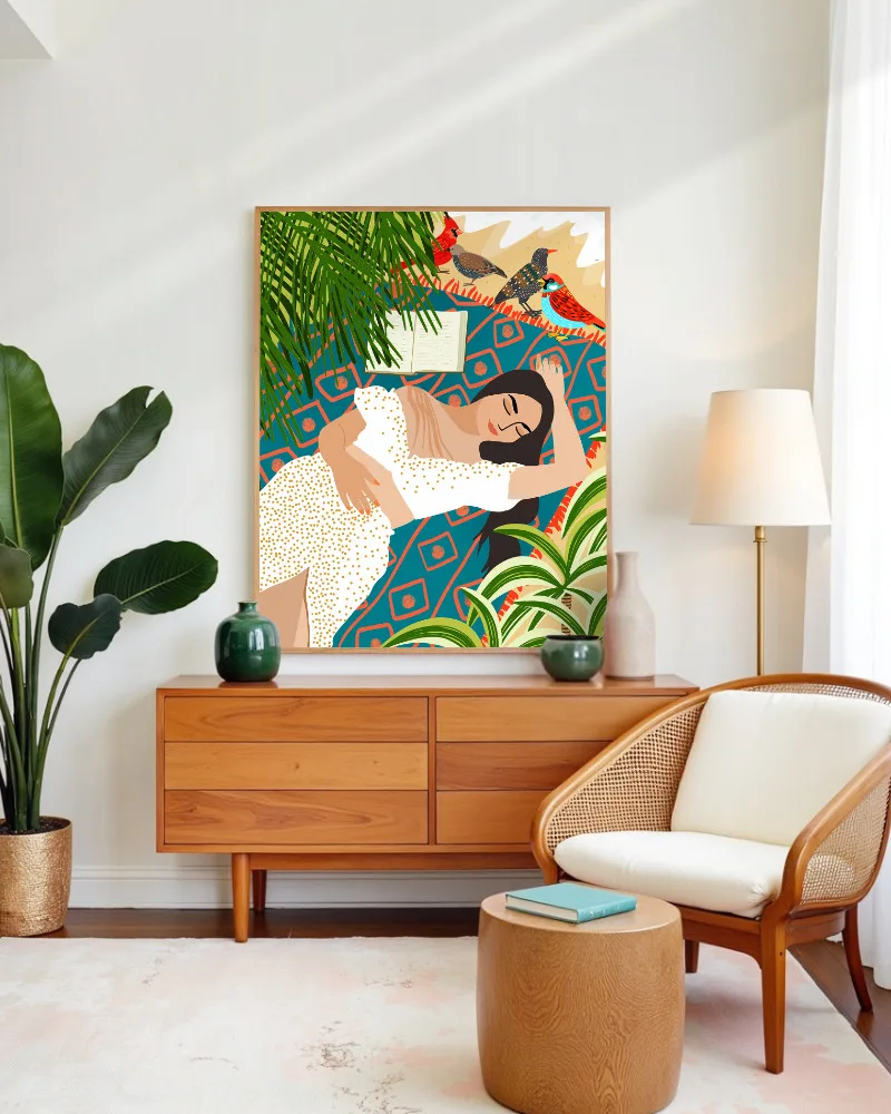 Shop Bohemian woman on the beach read birds Art Print & Canvas Print - exclusively certified at 83oranges.com by artist Uma Gokhale India