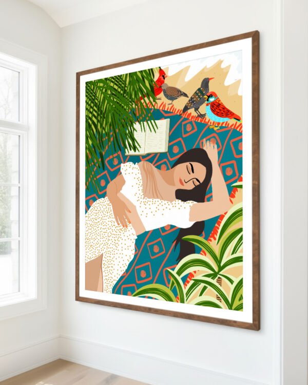 Shop Bohemian woman on the beach read birds Art Print & Canvas Print, Commercial digital license & Instant download printable - exclusively certified at 83oranges.com by artist Uma Gokhale India