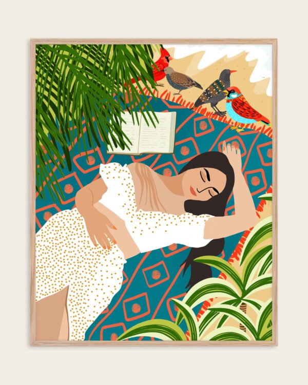 Shop Bohemian woman on the beach read birds Art Print & Canvas Print, Commercial digital license & Instant download printable - exclusively certified at 83oranges.com by artist Uma Gokhale India