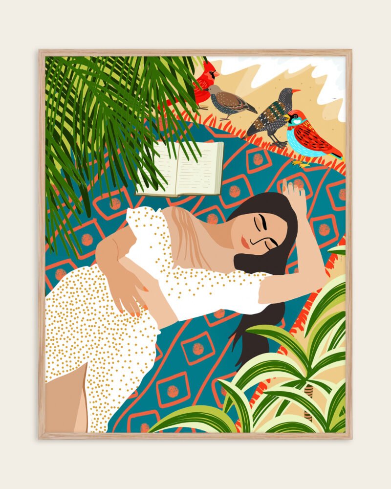 Shop Bohemian woman on the beach read birds Art Print & Canvas Print, Commercial digital license & Instant download printable - exclusively certified at 83oranges.com by artist Uma Gokhale India