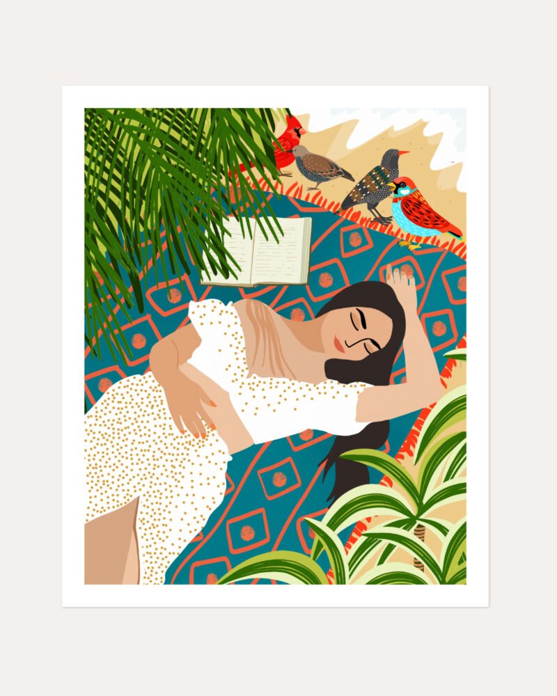 Shop Bohemian woman on the beach read birds Art Print & Canvas Print, Commercial digital license & Instant download printable - exclusively certified at 83oranges.com by artist Uma Gokhale India