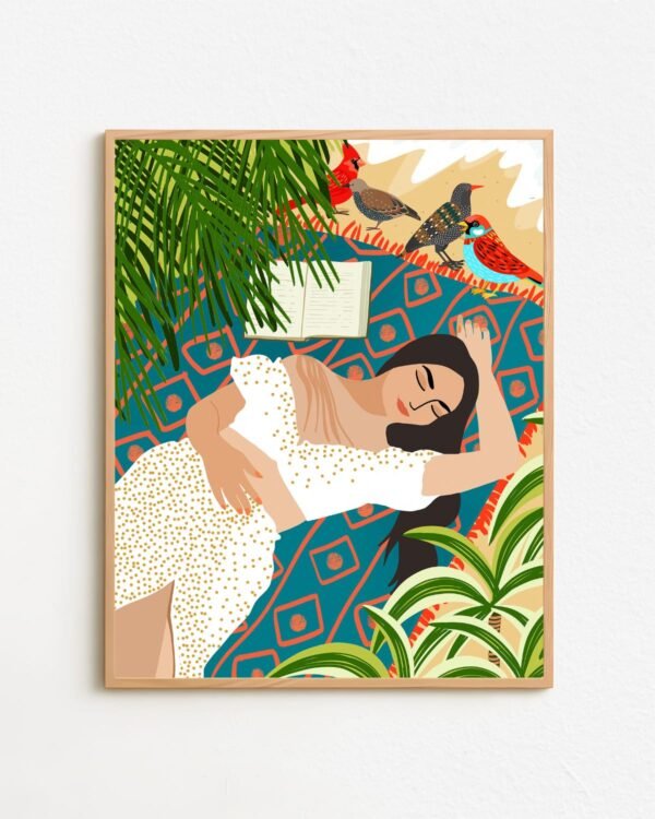 Shop Bohemian woman on the beach read birds Art Print & Canvas Print - exclusively certified at 83oranges.com by artist Uma Gokhale India