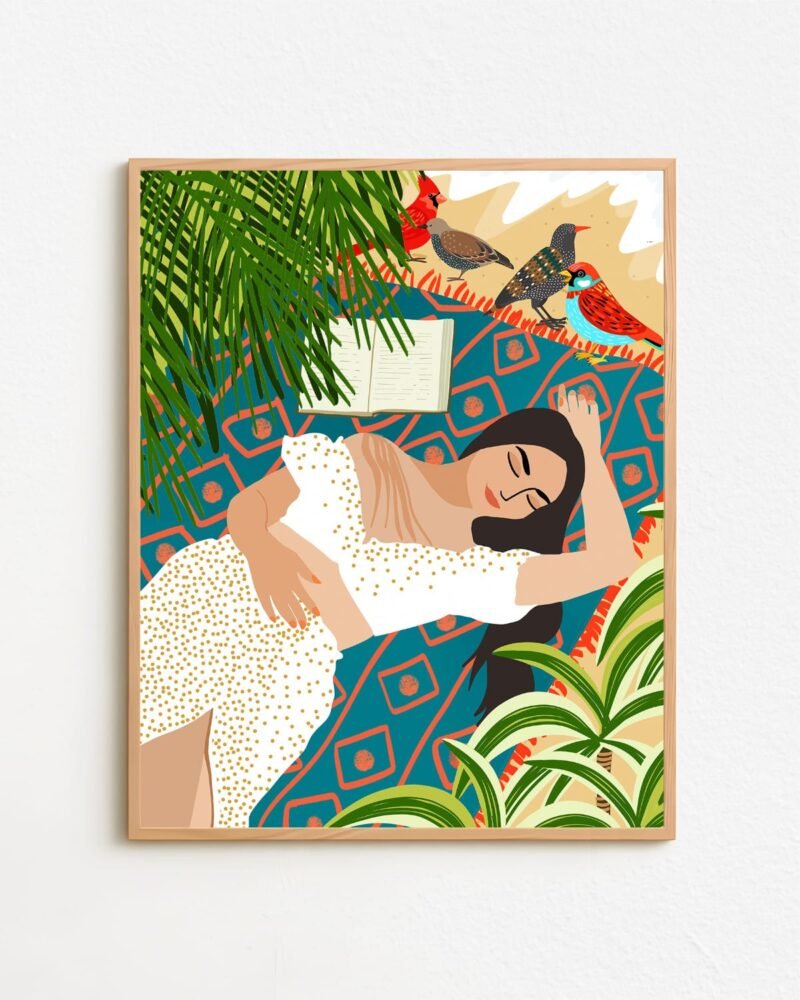 Shop Bohemian woman on the beach read birds Art Print & Canvas Print - exclusively certified at 83oranges.com by artist Uma Gokhale India