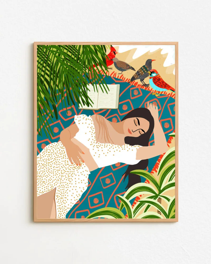 Shop Bohemian woman on the beach read birds Art Print & Canvas Print - exclusively certified at 83oranges.com by artist Uma Gokhale India