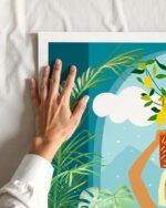 Shop bohemian woman with jungle leopard teal wild cats Art Print, Canvas Print, Commercial digital license & Instant printable download - available at 83oranges.com by artist Uma Gokhale India