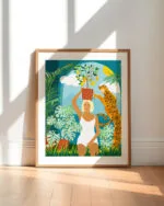 Shop bohemian woman with jungle leopard teal wild cats Art Print, Canvas Print, digital printable download - available at 83oranges.com by artist Uma Gokhale India