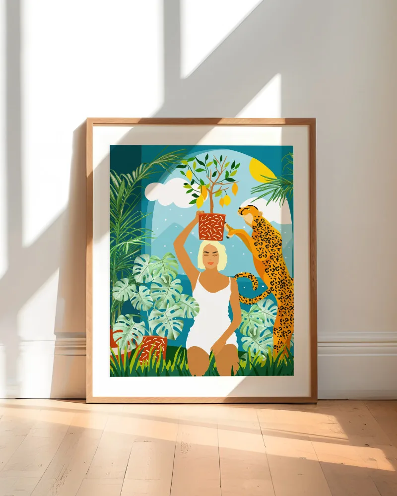 Shop bohemian woman with jungle leopard teal wild cats Art Print, Canvas Print, digital printable download - available at 83oranges.com by artist Uma Gokhale India