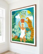 Shop bohemian woman with jungle leopard teal wild cats Art Print, Canvas Print, Commercial digital license & Instant printable download - available at 83oranges.com by artist Uma Gokhale India