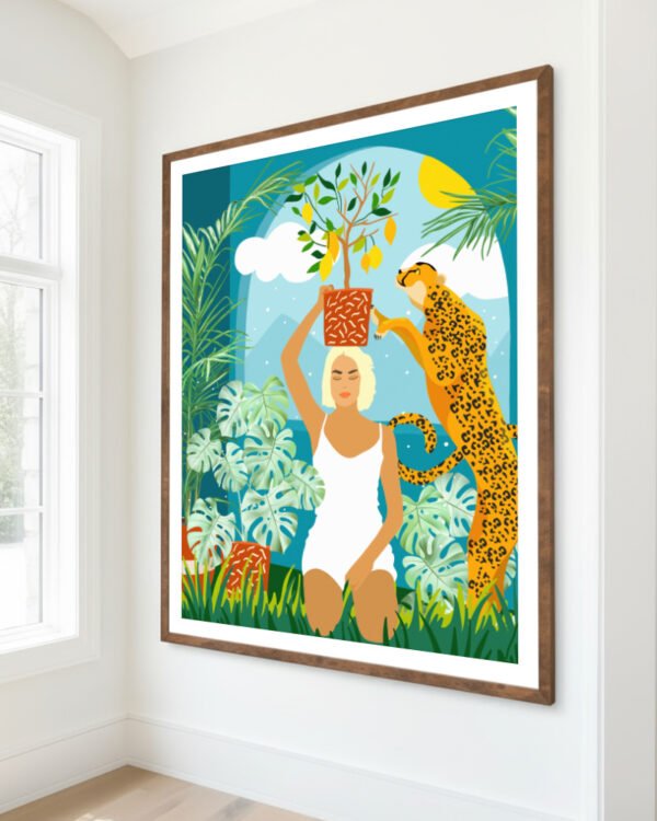 Shop bohemian woman with jungle leopard teal wild cats Art Print, Canvas Print, Commercial digital license & Instant printable download - available at 83oranges.com by artist Uma Gokhale India