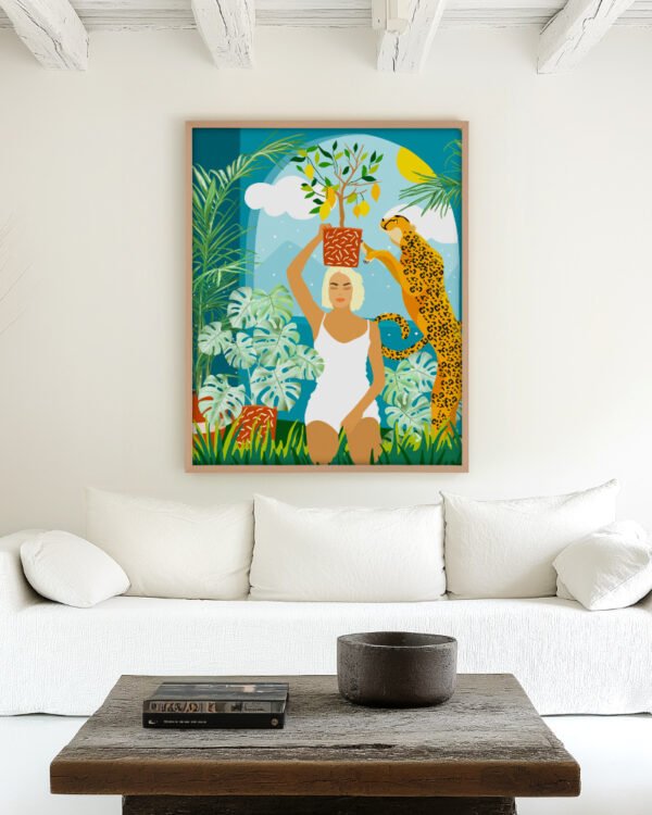 Shop bohemian woman with jungle leopard teal wild cats Art Print, Canvas Print, Commercial digital license & Instant printable download - available at 83oranges.com by artist Uma Gokhale India