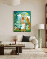 Shop bohemian woman with jungle leopard teal wild cats Art Print, Canvas Print, Commercial digital license & Instant printable download - available at 83oranges.com by artist Uma Gokhale India