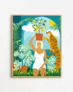 Shop bohemian woman with jungle leopard teal wild cats Art Print, Canvas Print, digital printable download - available at 83oranges.com by artist Uma Gokhale India