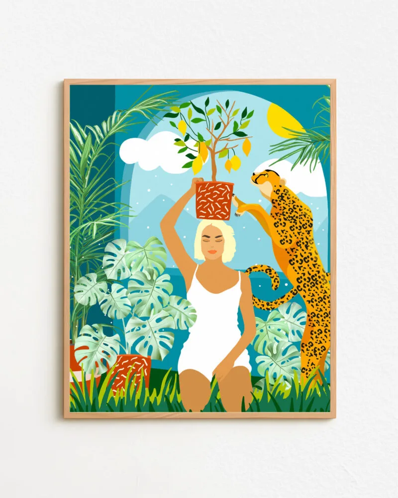 Shop bohemian woman with jungle leopard teal wild cats Art Print, Canvas Print, digital printable download - available at 83oranges.com by artist Uma Gokhale India