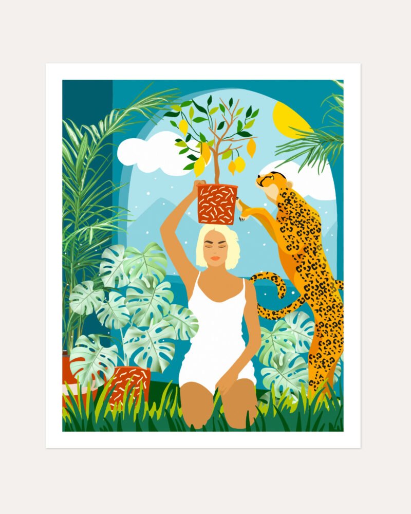 Shop bohemian woman with jungle leopard teal wild cats Art Print, Canvas Print, Commercial digital license & Instant printable download - available at 83oranges.com by artist Uma Gokhale India