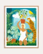 Shop bohemian woman with jungle leopard teal wild cats Art Print, Canvas Print, Commercial digital license & Instant printable download - available at 83oranges.com by artist Uma Gokhale India