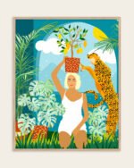 Shop bohemian woman with jungle leopard teal wild cats Art Print, Canvas Print, Commercial digital license & Instant printable download - available at 83oranges.com by artist Uma Gokhale India