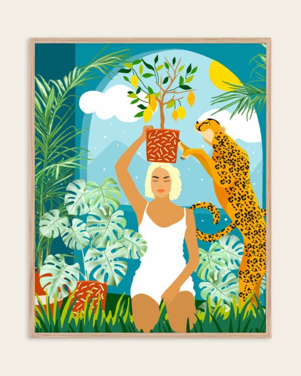 Shop bohemian woman with jungle leopard teal wild cats Art Print, Canvas Print, Commercial digital license & Instant printable download - available at 83oranges.com by artist Uma Gokhale India