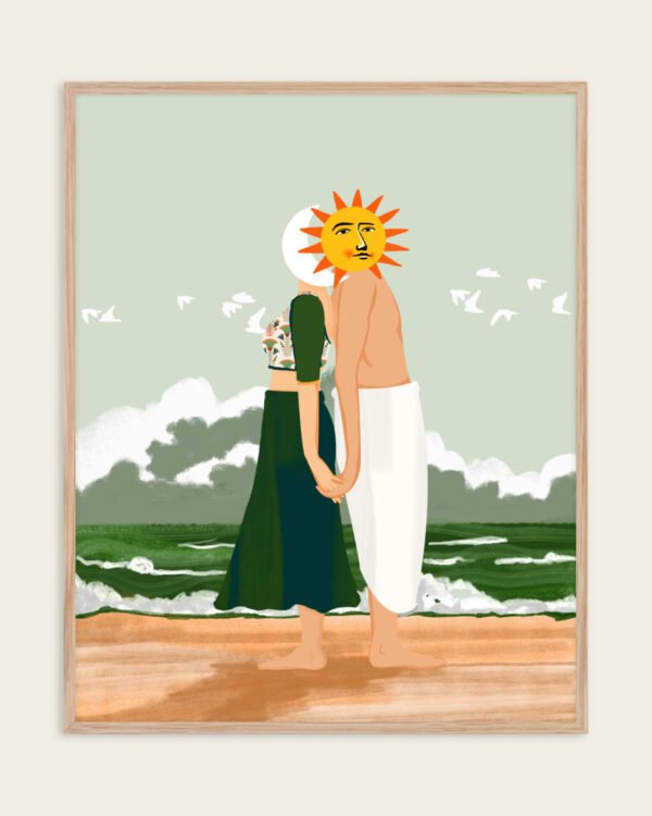 Shop celestial sun moon union lovers passionate Art Print, Quirky Funny Sleep Art Print, Canvas Print, Commercial digital license & instant download printable - available at 83oranges.com by artist Uma Gokhale India