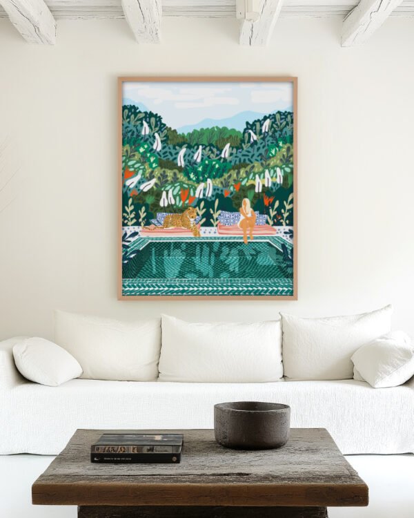 Shop bohemian woman chilling with jungle leopard teal wild cats Art Print, Canvas Print, Commercial digital license & Instant printable download - available at 83oranges.com by artist Uma Gokhale India